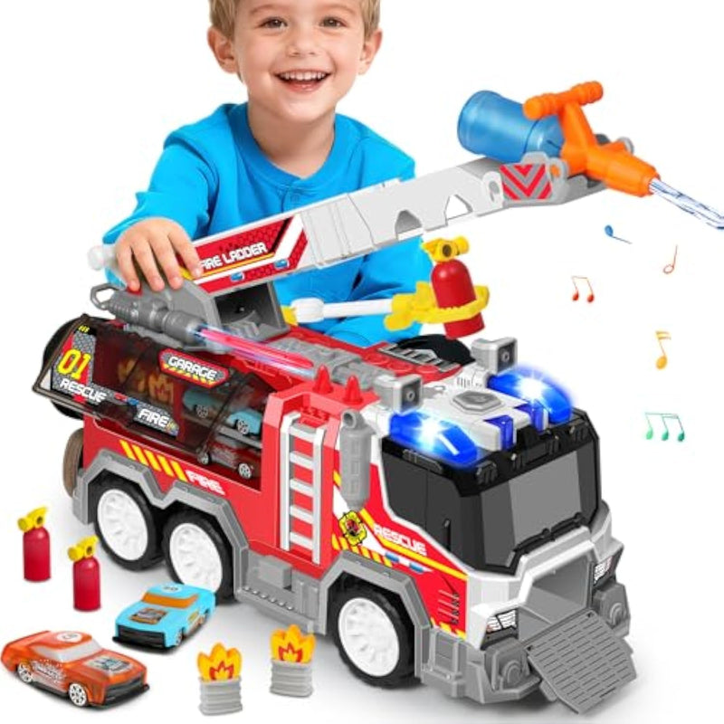 Big Fire Trucks For Toddlers 3 4 5 6 7 With 2Pcs Ejecting Race Cars 18-Inch Ladder Lights Sprinkler Pump & Water Shooting Big Emergency Vehicle Firetruck Toys Christmas Birthday Gifts Boy Toys Girl