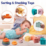 Montessori Baby Toys - Pull String Teether, Stacking Blocks, Sensory Shapes Storage Bin, Infant Bath Time Fun, 4 In 1 Toddlers Toy For Baby Boys Girls