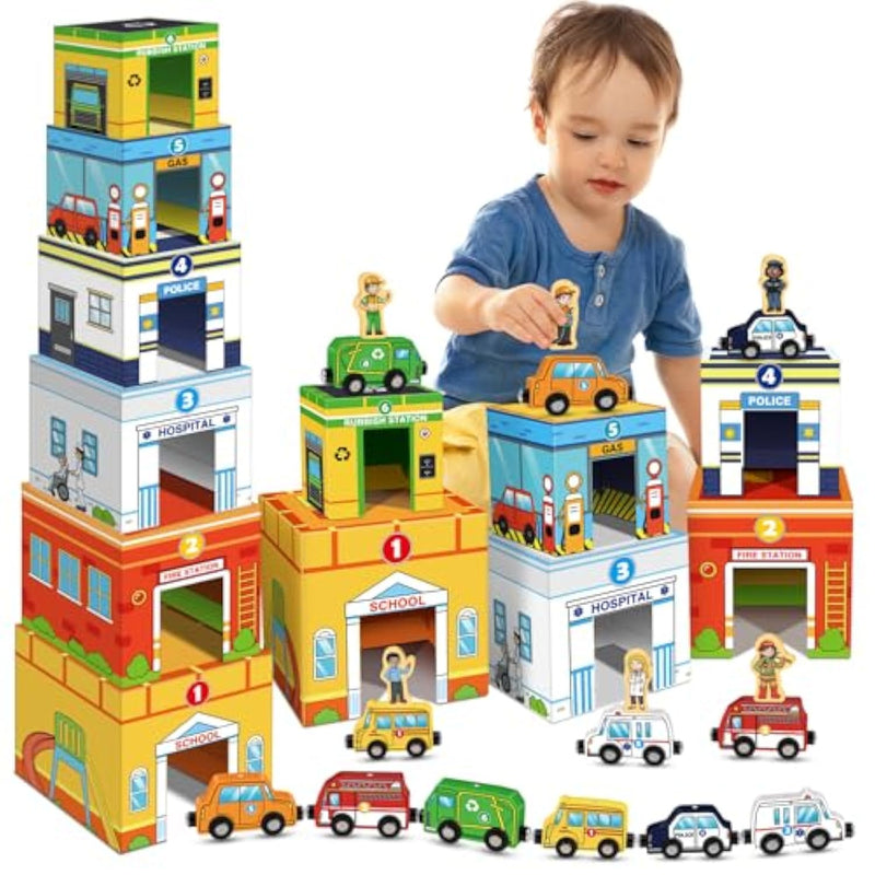 Magnetic Wooden Vehicle Stacking Set,Sorting & Building Stem Blocks Cars Toys For Toddlers,Cardboard Educational Preschool Kindergarten Learning Montessori Toys For 1 2 3 Year Old Boys Girls