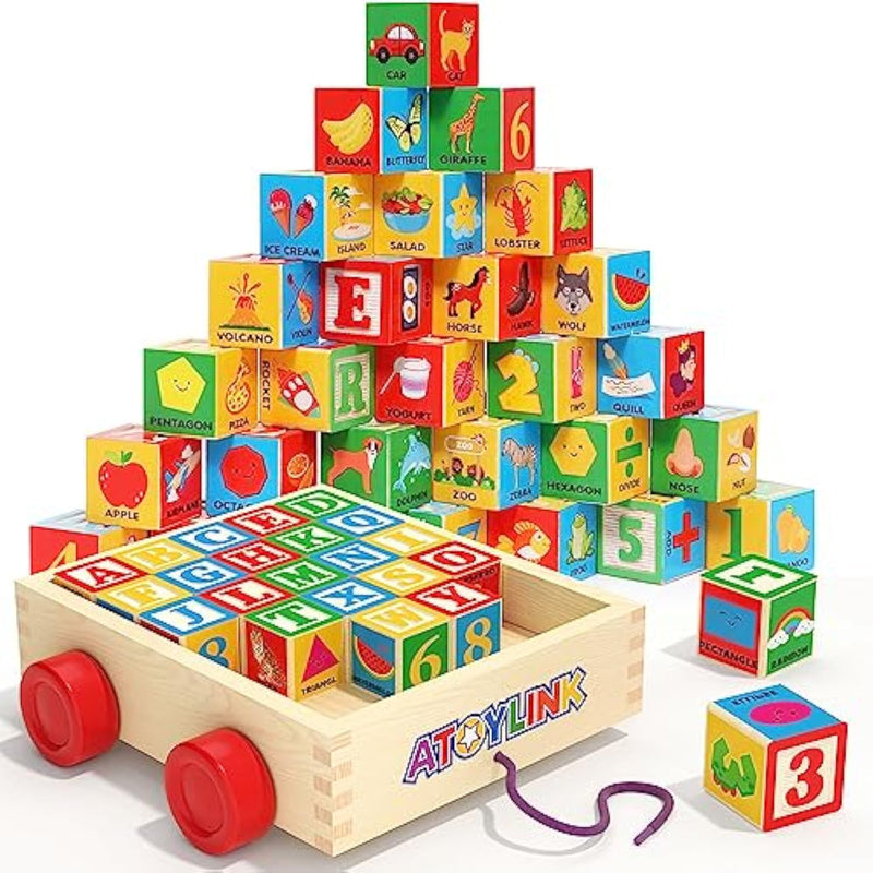 Abc Wooden Building Blocks For Toddlers 1-3, 30 Pcs Alphabet & Number Stacking Toys With Storage Pull Toy Car Learning & Education Montessori Toys For 1 2 3 Year Old Baby Boy Girl Gifts