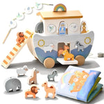 Wooden Noah'S Ark Pull Along Toy With Bible Story Cloth Book - Montessori Sorting Set For Toddlers - Religious Baptism Gift For Boys & Girls -Christian Preschool Learning Toy For Kids