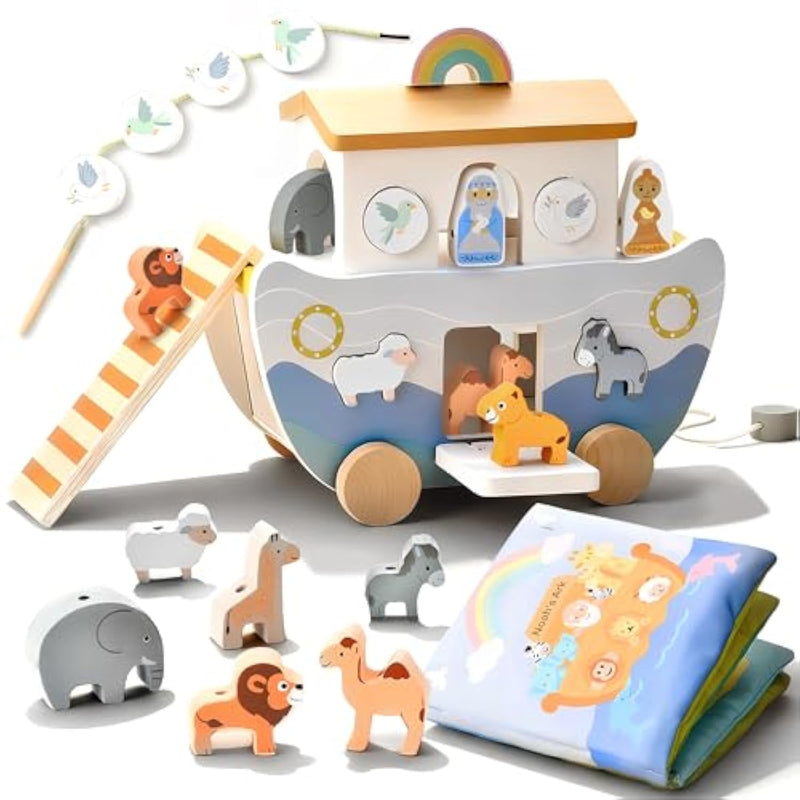 Wooden Noah'S Ark Pull Along Toy With Bible Story Cloth Book - Montessori Sorting Set For Toddlers - Religious Baptism Gift For Boys & Girls -Christian Preschool Learning Toy For Kids