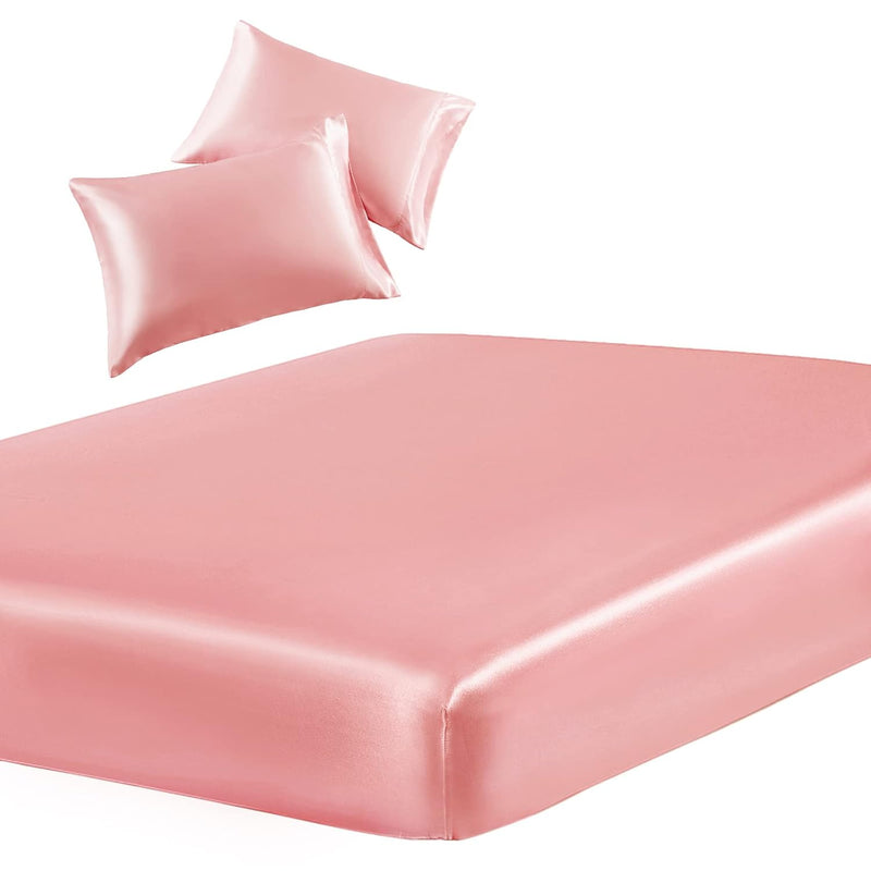 3-Piece Set Satin Twin Fitted Sheet & 2 Pillowcase, Blush Pink Silky Soft Fitt