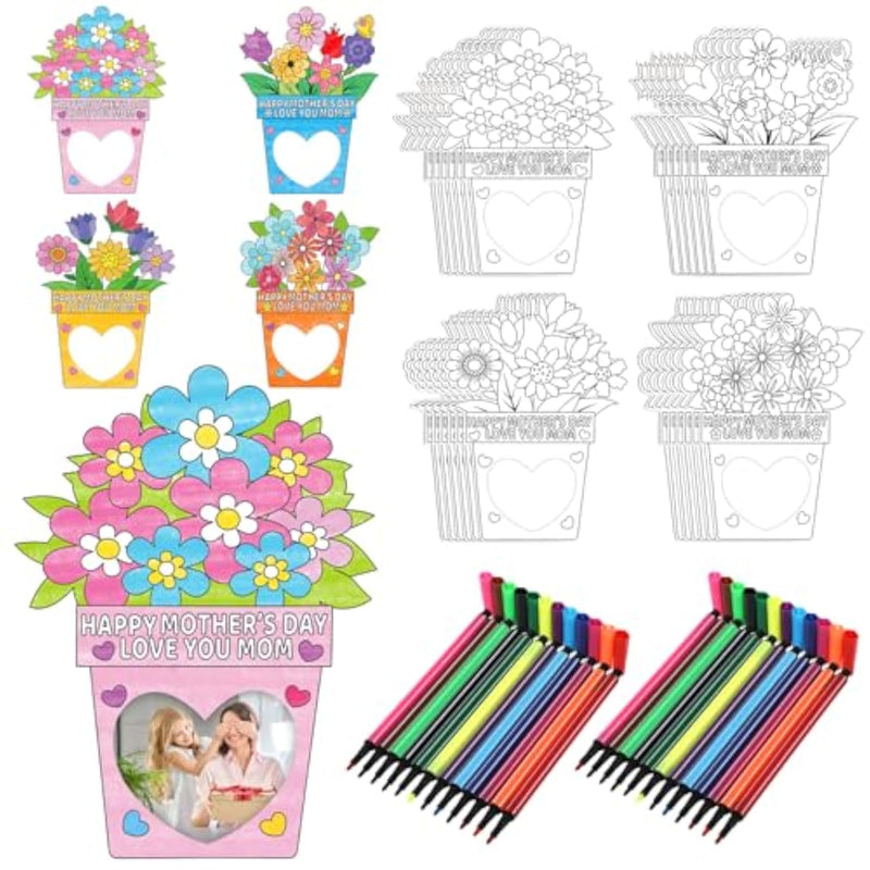 24 Pack DIY Flower Photo Frame Craft Kits for Kids with Watercolor Pens