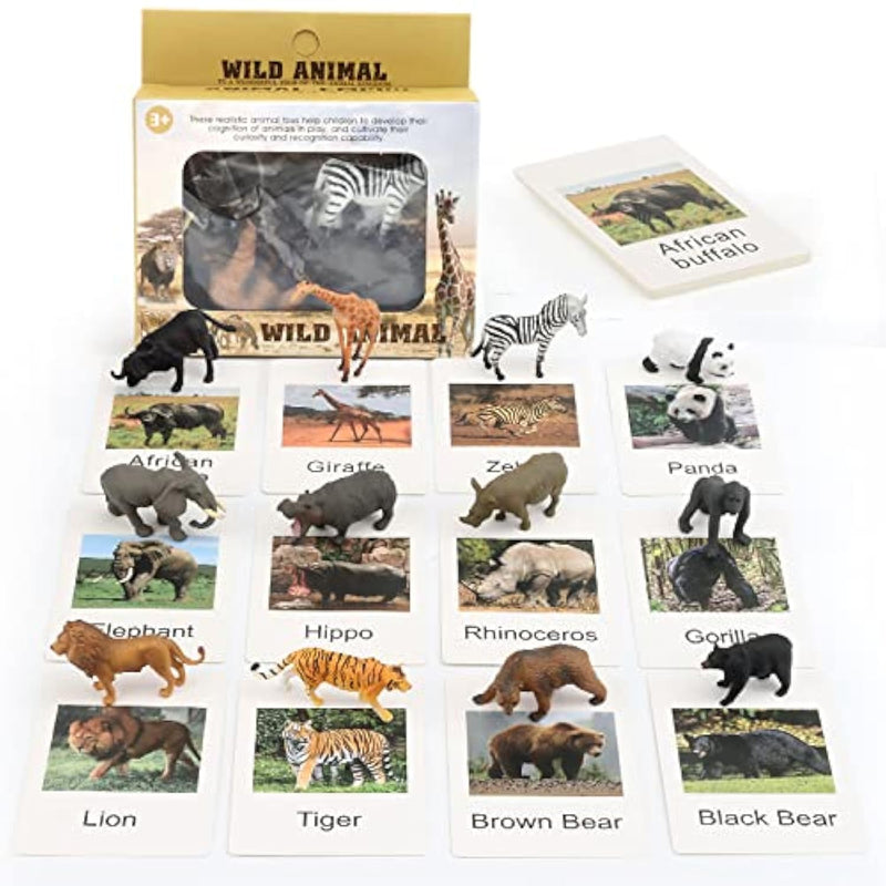 Small Montessori Animal Figures With Flash Cards, Realistic Animal Figurines Toys, Montessori Materials Homeschool Preschool Science Educational Matching Game For Toddler Kids (Zoo)