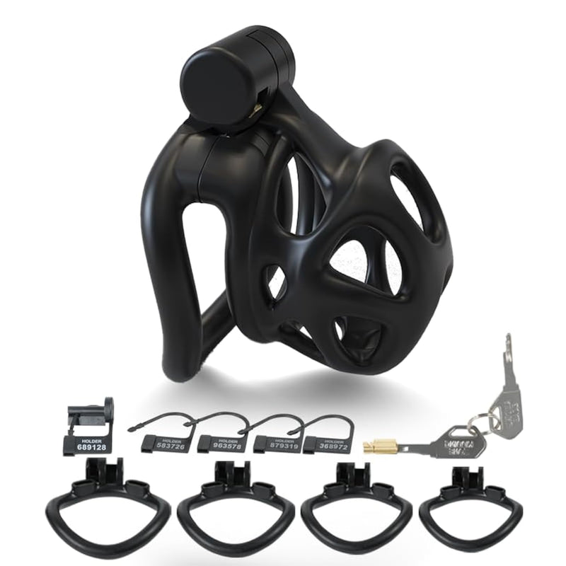 Chastity Cage Male Sex Toys With 4 Curved Rings And 2 Keys Breathable Hollow Chastity Device Lock Sm Fetish Toy For Man Penis Training (Black,S)