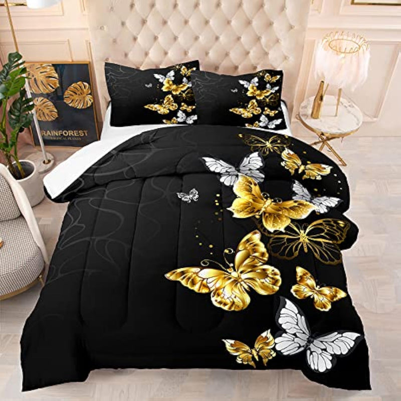 Black And Gold Comforter Sets Queen Size For Girls Boys Women,Butterfly Beddin