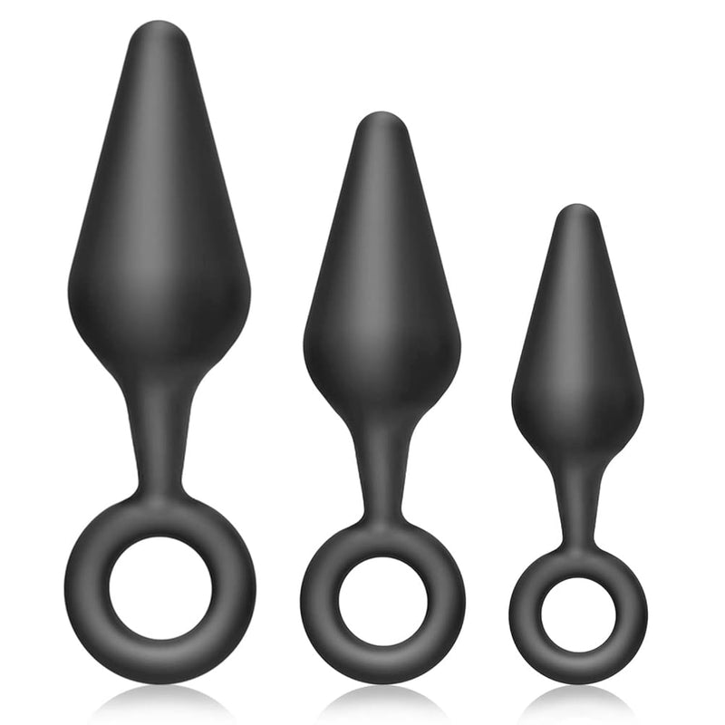 Silicone Anal Plug Training Set With Safe Pull Ring, 3Pcs Butt Plug Trainer Kit Prostate Stimulate G-Spot Stimulation Anal Sex Toy For Beginners Men Women Couples