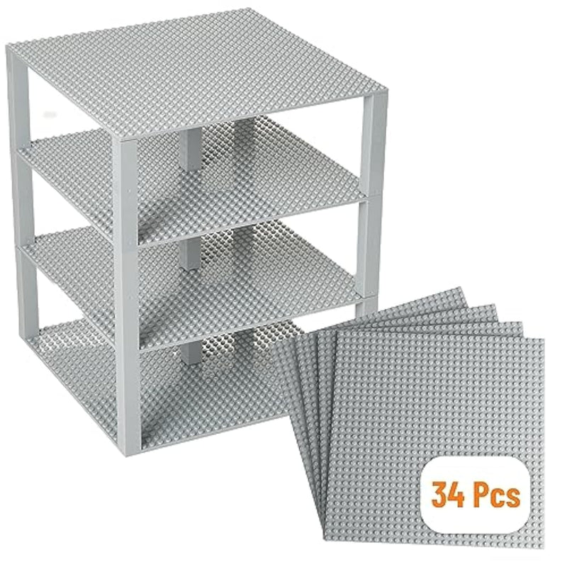 Strictly Briks Baseplate Set - Compatible with Lego, 10 x 10 in 4 Baseplates with 30 Stackers, Stackable Baseplates Buildbing Toy Blocks Custom Display Towers, Kids, Light Grey