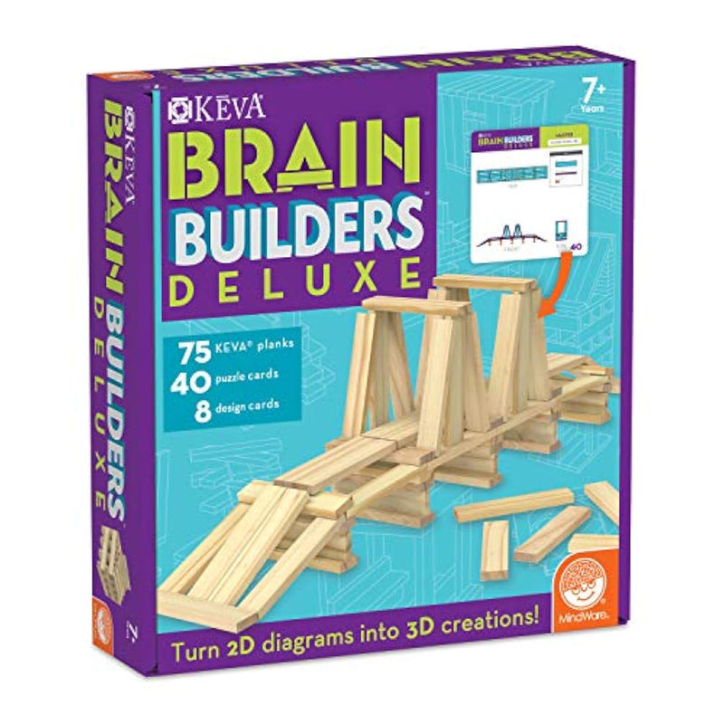 MindWare Keva Brain Builders Deluxe: STEM Building Toy Includes 75 KEVA Planks, 40 Puzzle Cards, 8 Design Cards, 3D Building Skills for Kids - Ages 7+