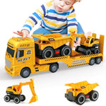 Large Flatbed Semi Truck Toy For Kids, 25.6'' Construction Vehicle With Excavator And Dump Truck, Friction Powered Construction Trucks Excavator Kids Toys With Light & Sound