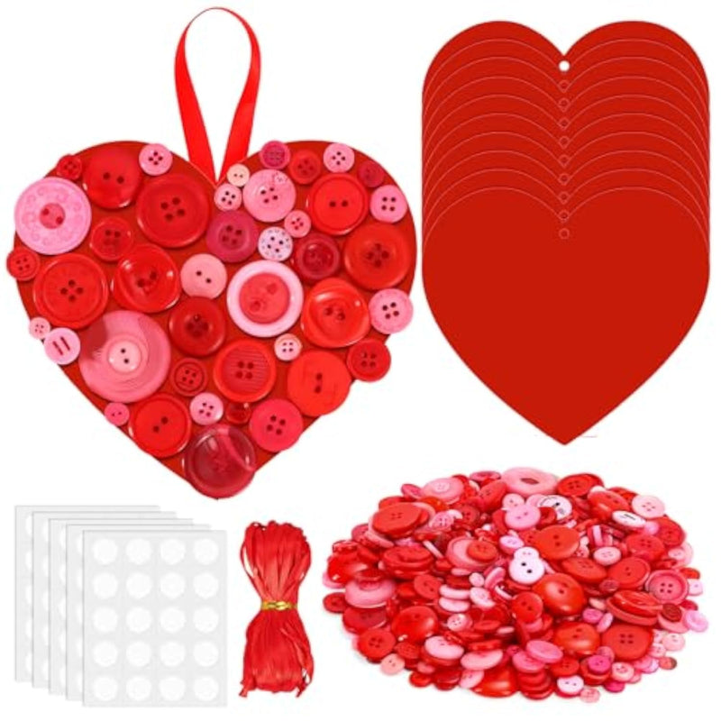 24 Set Valentine's Heart Button Craft Kit with 1320 Buttons & 1000 Glue Dots