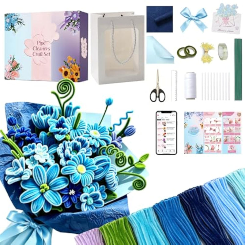 7 Color Blue Lily Pipe Cleaner Flower Bouquet Kit, 650 Pieces