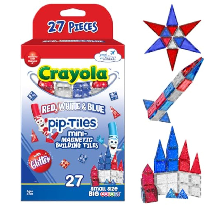 Crayola Red, White & Blue Glitter Pip Magnetic Tiles, Magnetic Kids’ Building Toys, Classroom Sensory Blocks, Stem Learning Travel Toys For Boys And Girls, 27-Piece Set