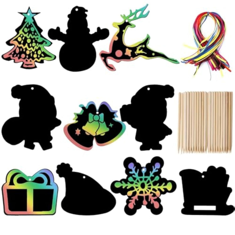 50 Pcs Christmas Scratch Art Cards with Sticks & Red Strings, Deer & Snow Designs
