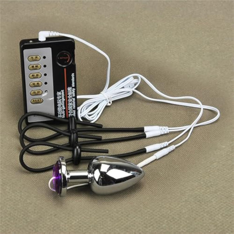 Purple Gemstone Base Metal Anal Plug Set with 3 Stretchable Penis Rings and Electric Shock Function