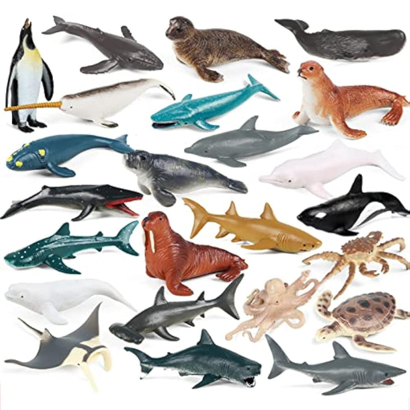 24Pcs Mini Ocean Animal Figurines - Realistic Sea Creatures Toy Figures With Sharks, Whales & Walrus - Under The Sea Life Figure For Party Decoration, Easter Egg Filler & School Project