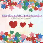 150 Pcs Glitter Foam Star & Heart Stickers, 3 Sizes, Self-Adhesive Craft Shapes