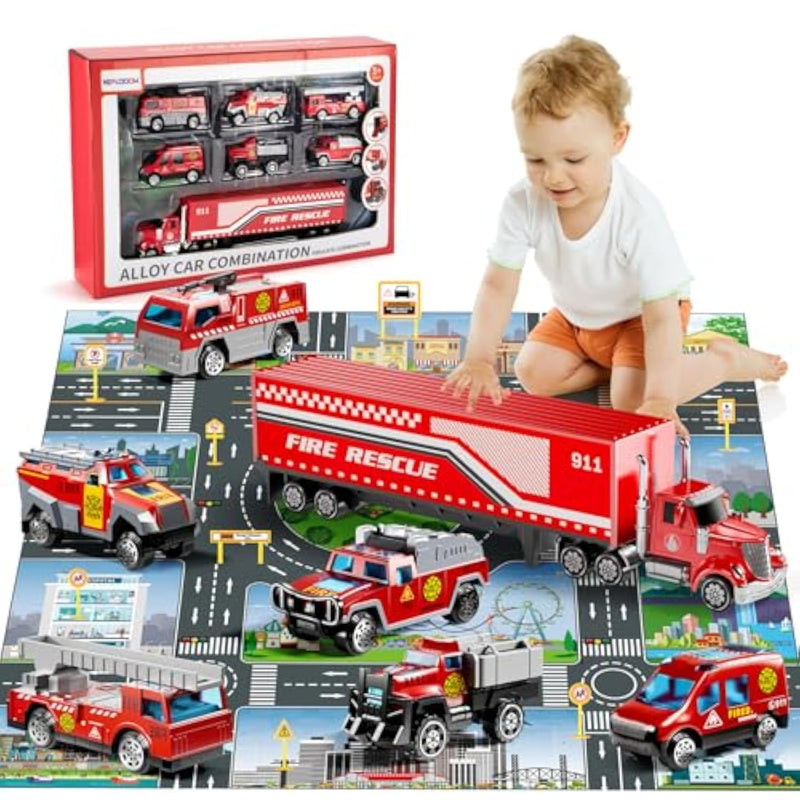 Fire Toys For 3 4 5 6 Years Old Boys Girls Kids, Die Cast Metal Fire Truck Toys W/Play Mat, Rescue Emergency Fire Truck Car Toy, Toddler Car Toy Christmas Birthday Gifts For Boys
