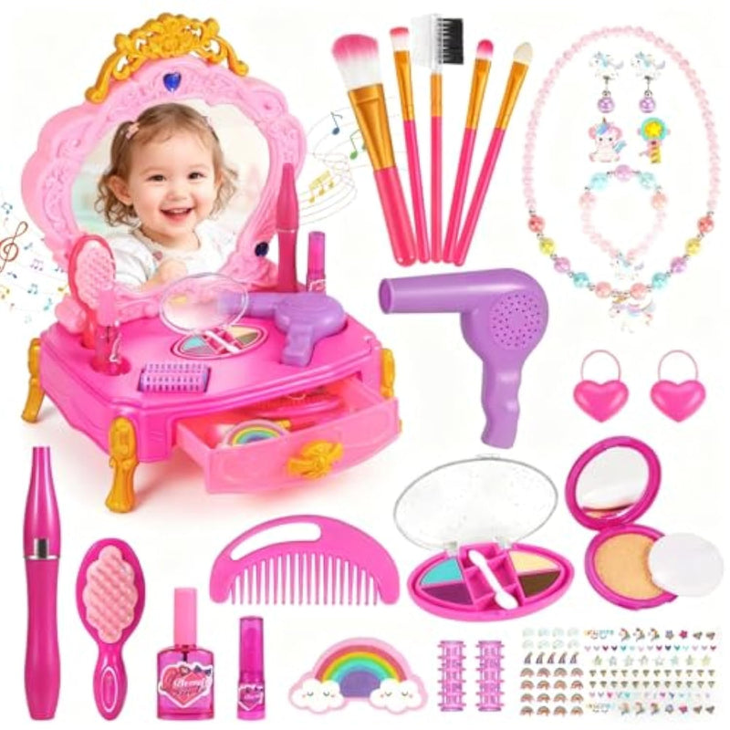 Princess Toddler Vanity Set, Portable Toddler Makeup Vanity With Music And Pretend Makeup Kit, Unicorn Jewelry, Mirror, Hairdryer,Princess Toys Birthday Gift For Girls For 3 4 5 Years Old