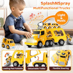 8 In 1 Fire Truck Toy Cars For Kids, Carrier Truck For 3 4 5 6 Years Old Boys Girls Toddlers, Pull Back Cars Set With Music & Light, Birthday Presents For Kids, (Yellow)