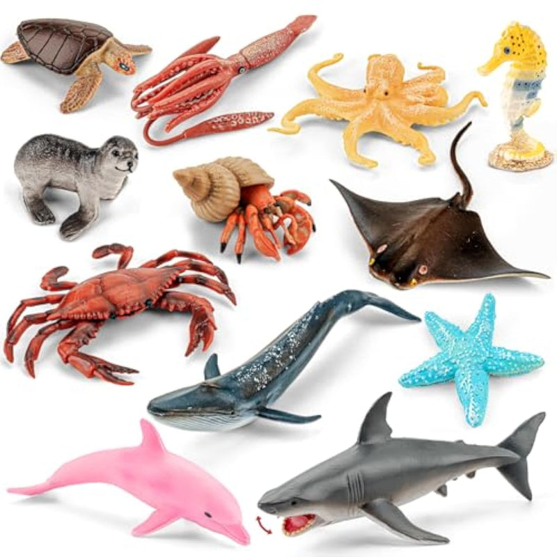12Pcs Ocean Sea Animal Toys For Kids,Realistic Soft Plastic Shark,Whale,Dolphin,Hermit Crab,Octopus,Starfish,Sea Turtle,Party Favors Birthday Gifts Cake Toppers For Boys Girls