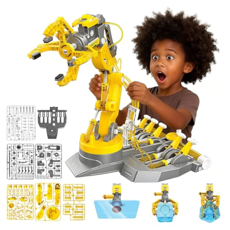 Smiesskiddo 3 In 1 Hydraulic Robot Arm - 220 Pcs Stem Building Toys With 4-Jaw Grab, Suction & Tongs For Kids 8-12 | No Batteries Needed Engineering Gift For Boys & Girls Ages 9 10 11 - Yellow