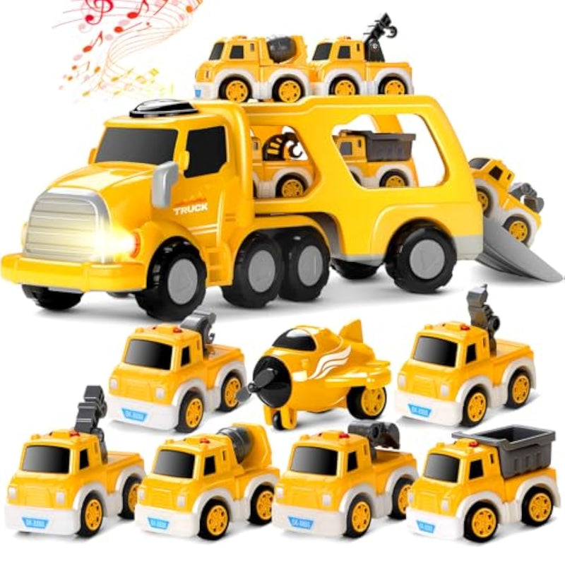 8 In 1 Fire Truck Toy Cars For Kids, Carrier Truck For 3 4 5 6 Years Old Boys Girls Toddlers, Pull Back Cars Set With Music & Light, Birthday Presents For Kids, (Yellow)