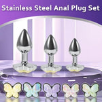 3Pcs Anal Plugs With Butterfly Decoration Stainless Steel Butt Plugs Adult Anal Training Set Anal Beads Fetish Toys Massage Prostate (Purple)
