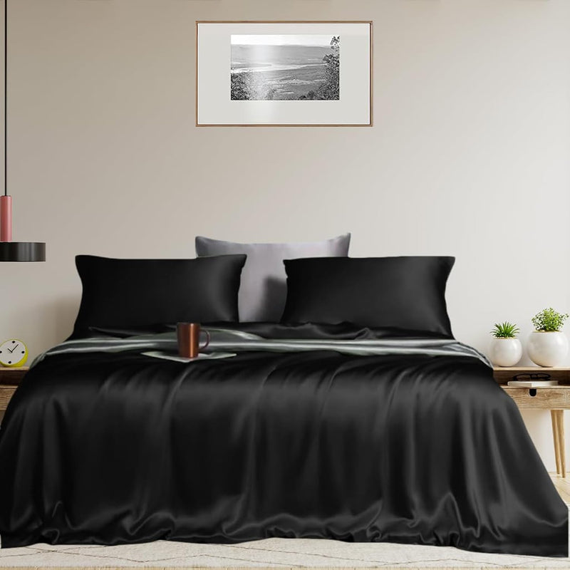Black Silk Sheets King-100% Austrian Eucalyptus Tencel Lyocell 4Pc Sheets Set,