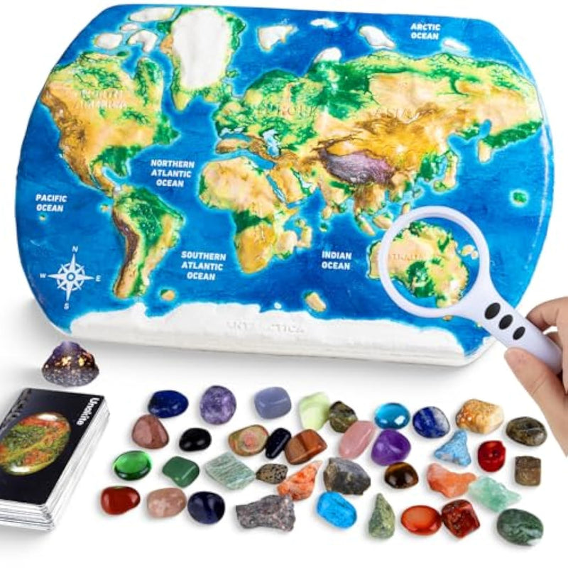 Gemstones Dig Kit For Kids – Excavate 37 Rocks & Crystals, Stem Science Kit With Info Cards & Display Stand – World Map Gem Digging Kit, Rock Collection Gift Educational Geology Gift For Boys & Girls