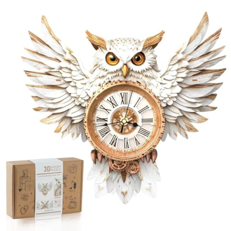 3D Wooden Puzzle Kit for Adults - Snowy Owl Design Clock Model with Pendulum