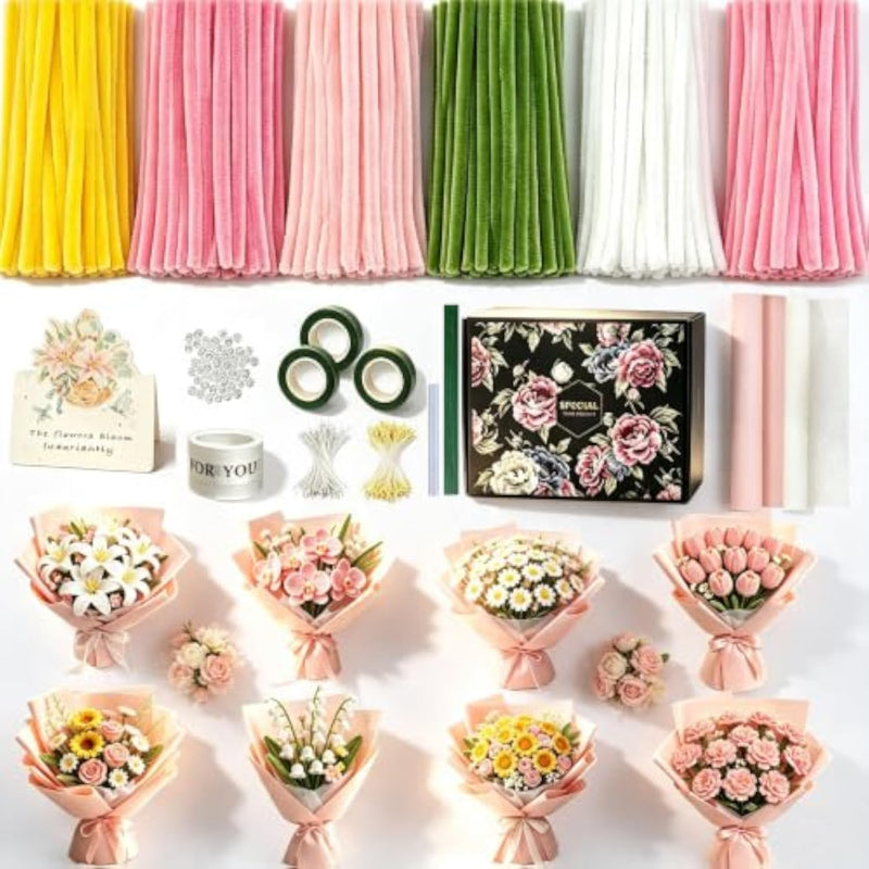 600 Piece Pipe Cleaner Flower Kit, 6 Color Pipe Cleaners for DIY Crafts