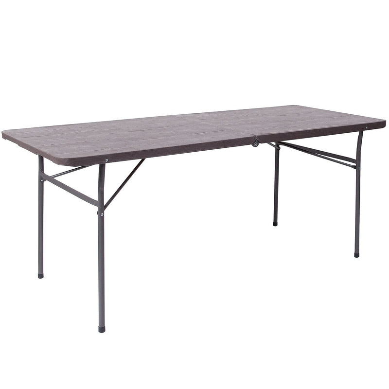 6-Foot Bi-Fold Brown Wood Grain Plastic Folding Table With Carrying Handle