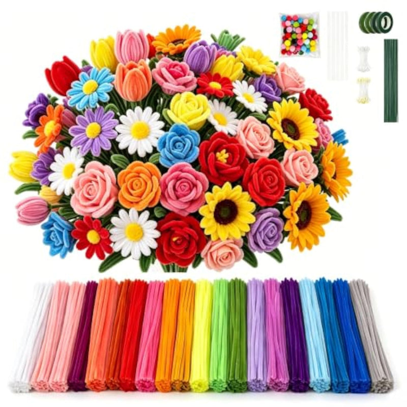 1379 Pcs Pipe Cleaner Flower Kit, 20 Colors with Stamens, Floral Wire, Tape & Pom Poms