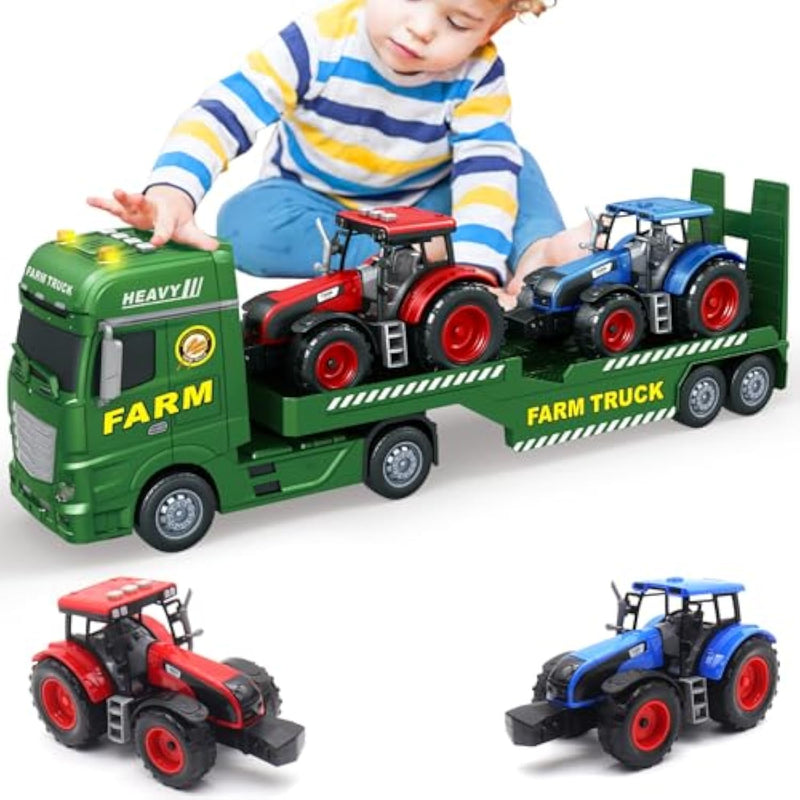 Large Flatbed Semi Truck, 25.6’’ Large Farm Truck Toy With 2 Tractors, Friction Powered Farm Transport Truck Tractor Toy With Light & Sound, Farm Toys Birthday Gift For Kids Aged 3-8