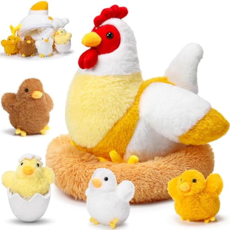 Chicken Stuffed Animal Plush Toy Egg Laying Hen With Zippered Belly, Hen House And Little Baby Chicks For Christmas Decorations Stuffers Party Supplies(Funny Style)