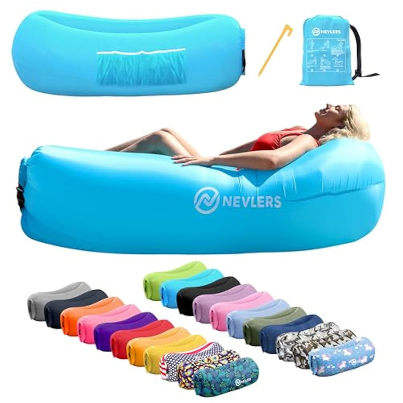 Inflatable Lounger | 210T Polyester Inflatable Chair | No-Pump Blow Up Couch | Camping Couch Air Sofa Bed W/ 450 Lbs. Cap., Pockets & Matching Bag | Use As Inflatable Couch For Adults & Kids
