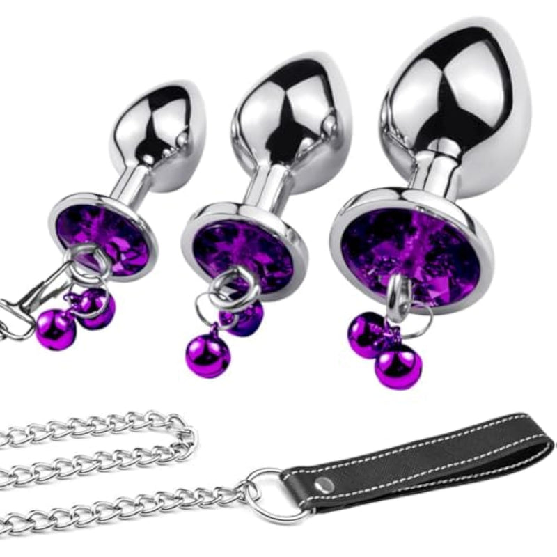 Anal Plug Trainer Kit, 3 Pcs Metal Anal Butt Plugs, Jewelry Anal Trainer Sex Toys With Bell And Traction Chain For Beginners Advanced Users (Deep Purple)