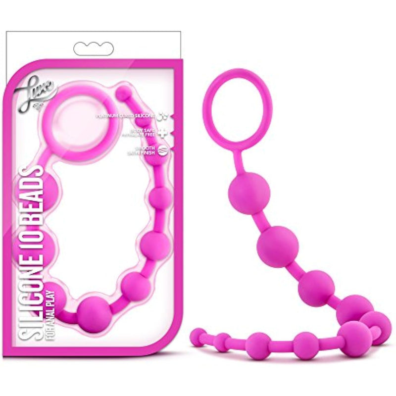 Luxe Silicone 10 Anal Beads - Silky Smooth Ultrasilk - Puria Platinum Silicone - 12.5" Long Beginner Anal Plug With Sturdy Handle - Anal Training Sex Toy For Men Women Couples - Pink