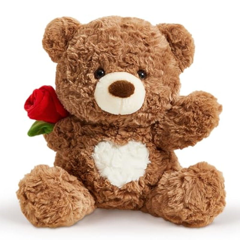 Christmas Rose Teddy Bear Stuffed Animals Soft Plush Toy Teddy Bear With Rose For Mom Thanksgiving Day Birthday Wedding Gift For Girlfriend Kids, 10", Brown