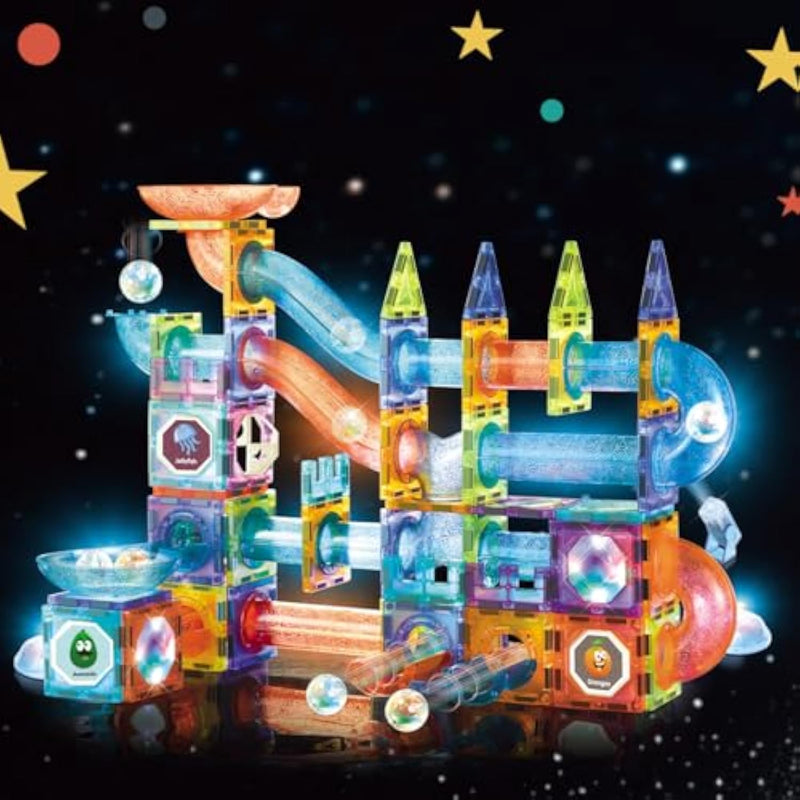 Magnetic Tiles Building Blocks Toys For Kids,144 Pcs Magnet Stem Construction Set With Led Lights & Marble Run | Educational Learning Creative Gifts For Kids Ages 5-12 Boys And Girls