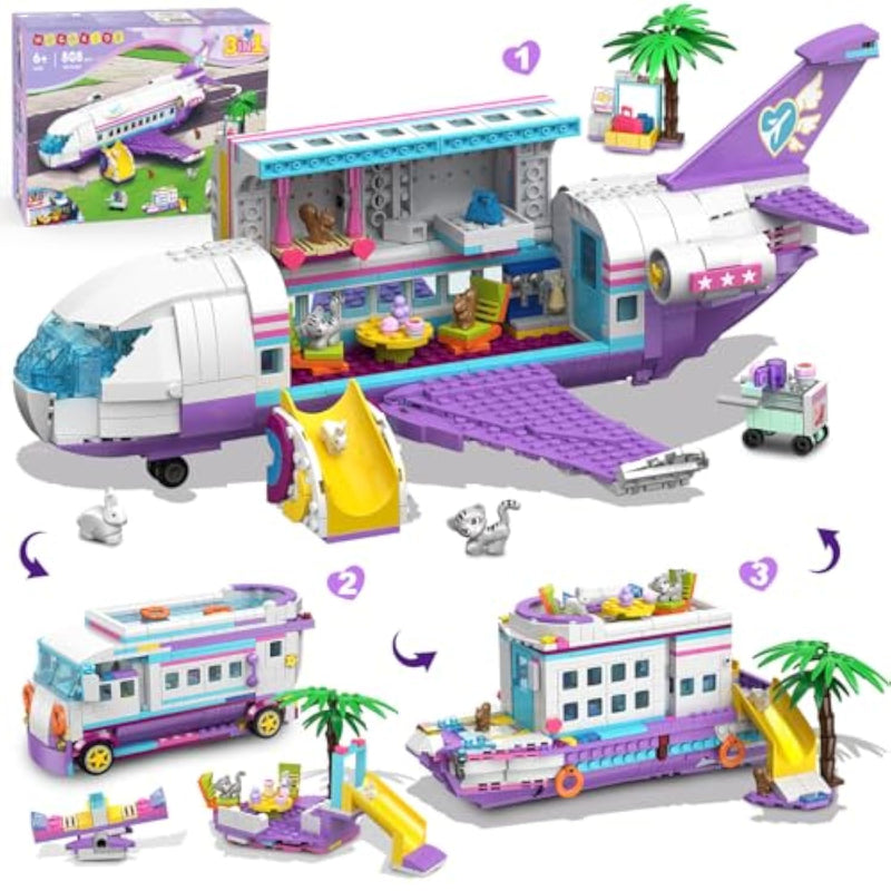 3-In-1 Friends Airplane Building Toy Set - 808Pcs Plane/Boat/Camper Van Building Toys With Cute 6 Mini Animals, Slide, Fun Accessories And Stickers, Birthday Gifts For Girls Boys Age 8-12+