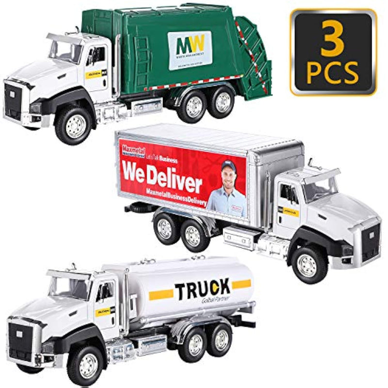 3 Pack Diecast Transport Vehicles Set - Garbage Truck, Tanker, Delivery Truck 1:50 Scale Pull Back Metal Model Car Toys For Boys