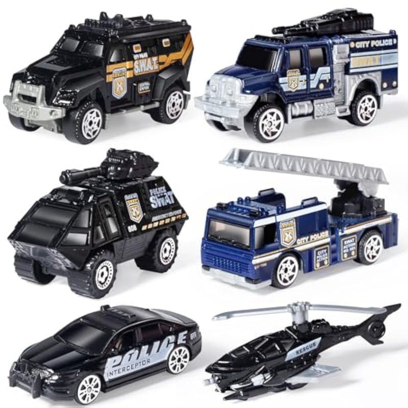 6 Pack 1/64 Die-Cast Swat Police Cake Topper Kids Cars Boy Toys Set, Mini Cop Toy Car, Helicopter, Rescue Truck, Military Vehicles Toys, Birthday Gift For 3-5 Year Old Boys Girls