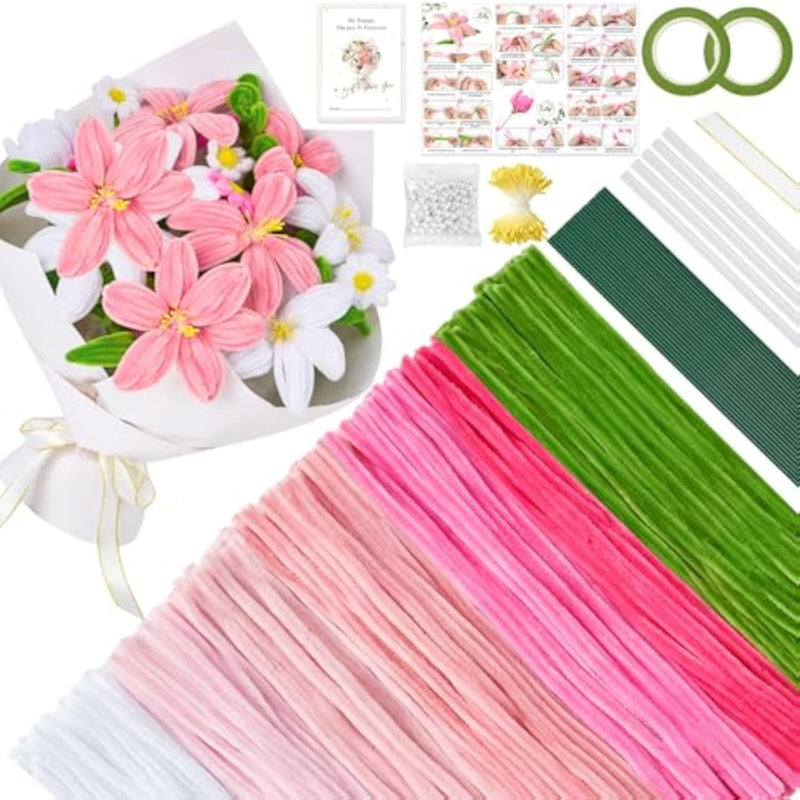 Pink Pipe Cleaner Flower Kit, 550 Pieces for Crafting and DIY Projects