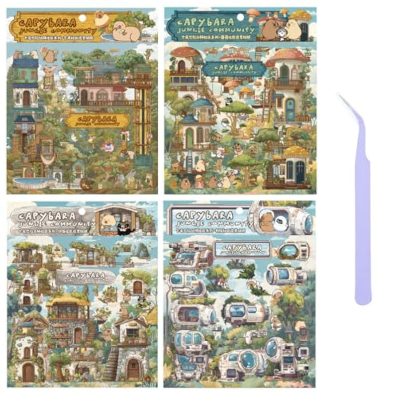 4 Sets Miniature 3D Scene Stickers for Crafts, Scrapbooking & Kawaii Journals