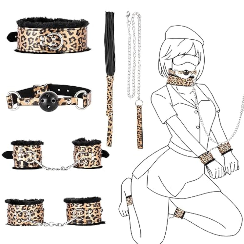 Leopard Restraints Kit 5Pcs Bondage Furry Leather Bed Restraints For Beginners Bdsm Sexual Toys, One Size