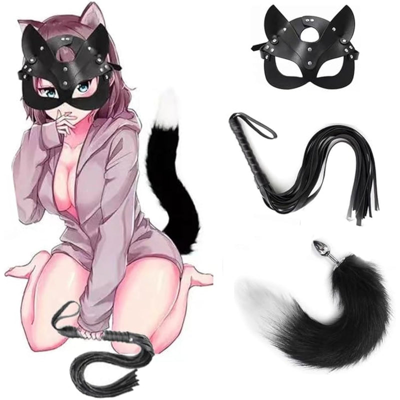 Fox Mask Plush Tail Anal Plug Metal Anus Bead Half Cat Mask Sexy Adult Whip Stimulator Sex Toys For Women Fetish Restraint