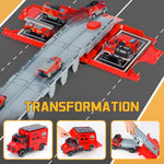 Versatile Transforming Truck With Race Tracks For Kids Ages 3-7 - Foldable Car Toy With Dual Launchers, 6 Cars, And Sounds, Ideal Gift For Boys And Girls Red